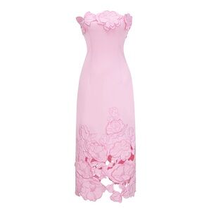 Miss Rosier: Strapless Pink Floral Laser-Cut Midi Dress